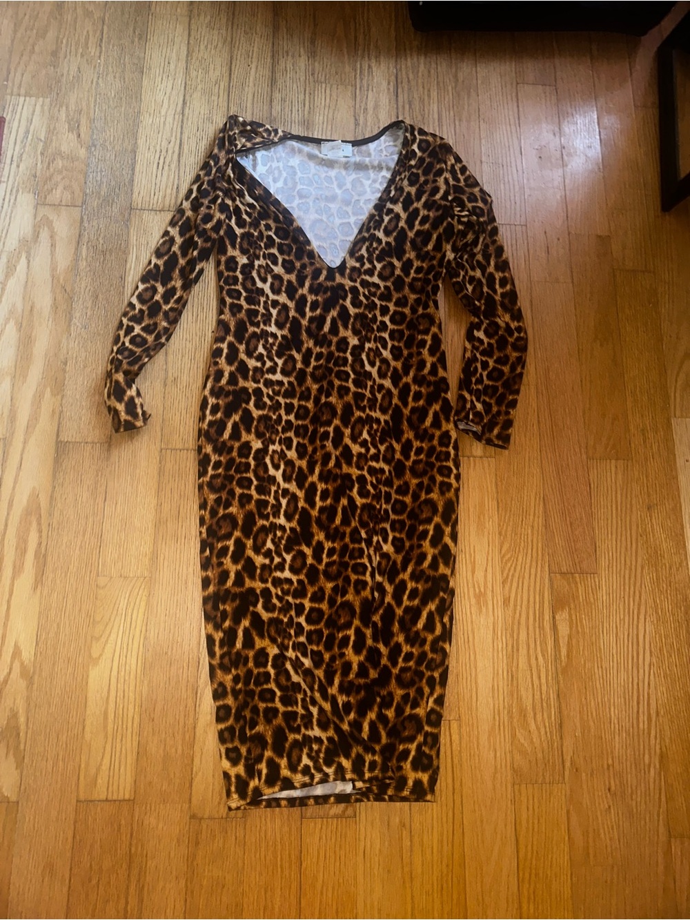 V-Neck Leopard Print Midi Dress - Brown/Black